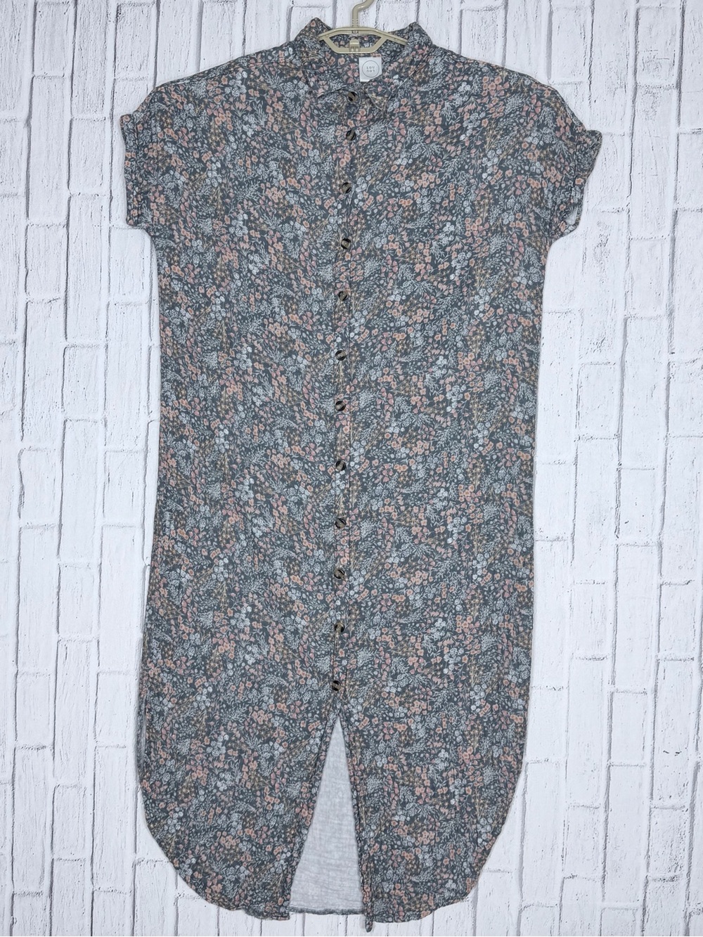 🌿 Lou Lou Grey Floral Button Front Midi Shirt Dress XS/S Boho